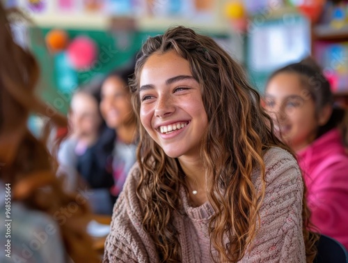 Wallpaper Mural A cheerful student enjoys a moment in class, showcasing happiness and camaraderie among peers in a vibrant learning environment. Torontodigital.ca
