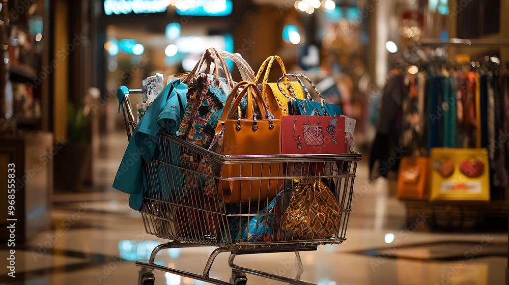 A shopping cart stuffed with fashionable outfits, shoes, and luxury accessories, stylish bags and clothes spilling over the edges, a busy boutique with elegant decor and sale signs in the background,