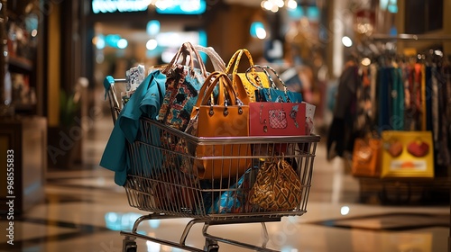 Obraz na płótnie A shopping cart stuffed with fashionable outfits, shoes, and luxury accessories, stylish bags and clothes spilling over the edges, a busy boutique with elegant decor and sale signs in the background, w salonie