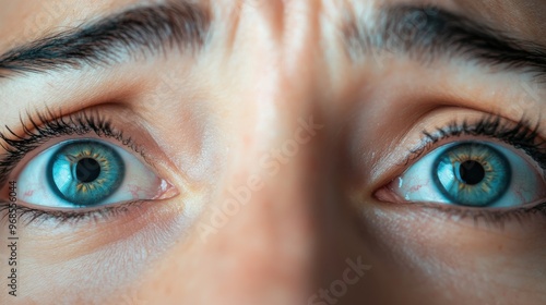 Close-up of a person's blue eyes wide open, expressing fear or surprise, with detailed eyebrows and eyelashes visible.