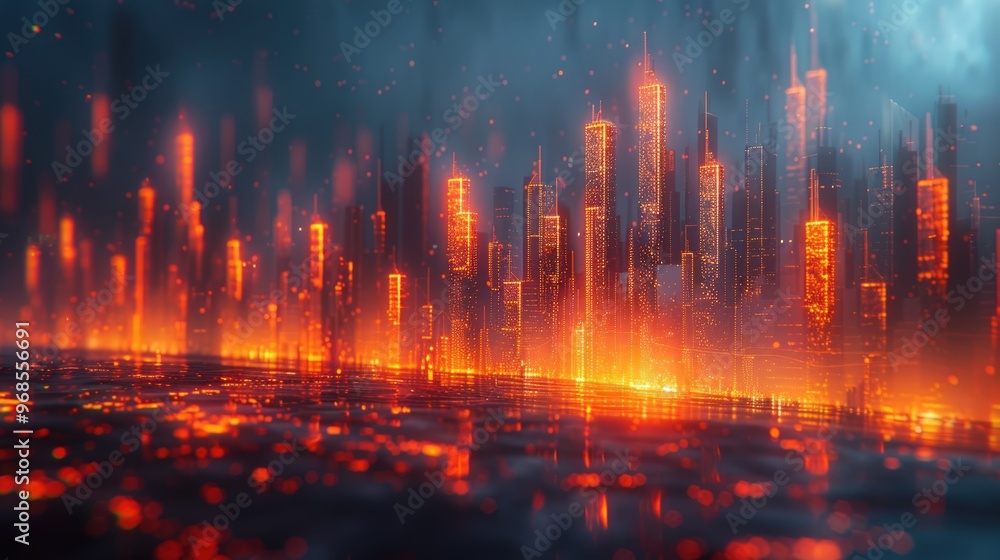 Futuristic cityscape with glowing buildings and fiery ground. Futuristic cityscape with glowing buildings and fiery ground.