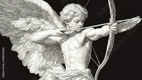 Cute Cupid angel with bow and arrow symbolizing love. Line drawing art.