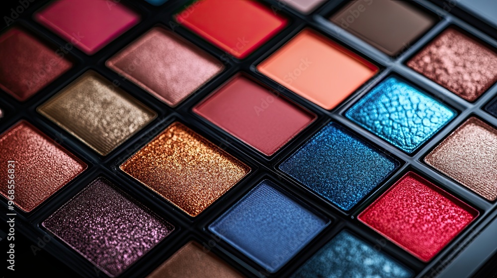 32. A detailed shot of a makeup palette, featuring vibrant eyeshadows, glowing blush, and matte lipsticks, arranged aesthetically to showcase their beauty and smooth application 32. A detailed shot of a makeup palette, featuring vibrant eyeshadows, glowing blush, and matte lipsticks, arranged aesthetically to showcase their beauty and smooth application