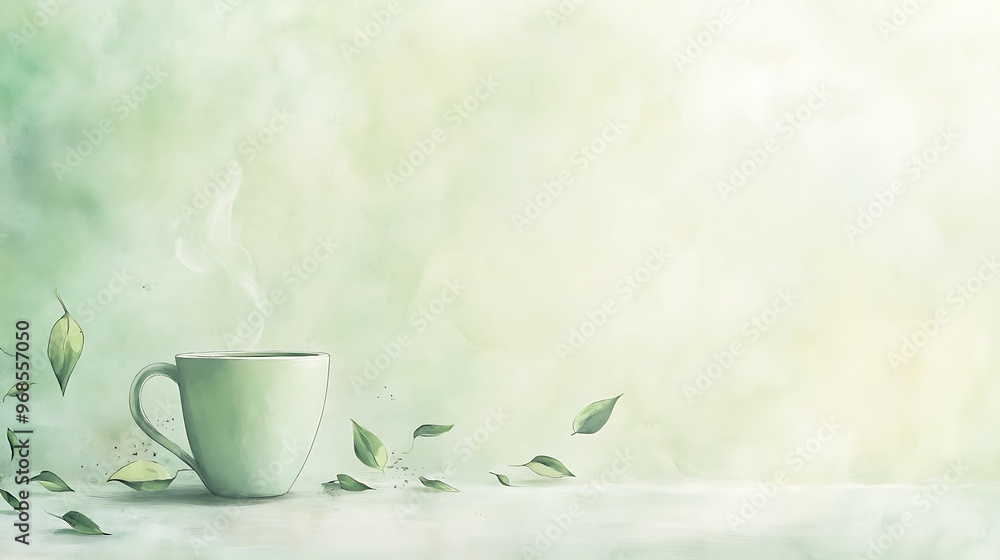 Steaming Cup of Tea on a Soft Green Background with Falling Leaves Steaming Cup of Tea on a Soft Green Background with Falling Leaves