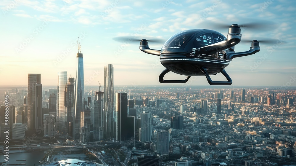 Futuristic drone soaring above a vibrant urban skyline at sunset, showcasing advanced technology and city life. Futuristic drone soaring above a vibrant urban skyline at sunset, showcasing advanced technology and city life.