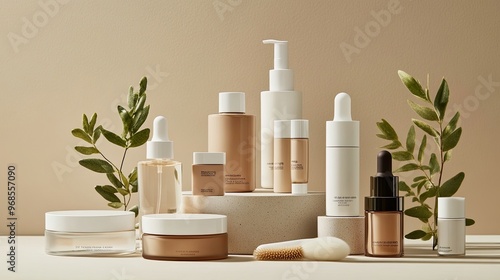 24. A collection of skincare and makeup products, including hydrating serums, glowing foundations, and matte lipsticks, arranged in a clean, modern layout emphasizing smooth textures