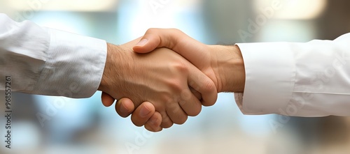 Two hands shake against a blurred background, symbolizing agreement and partnership.