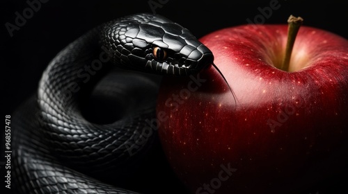 Black snake coiled around red apple, symbolic