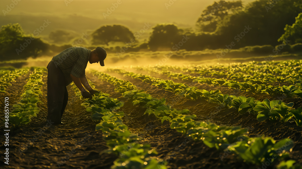 Fototapeta premium a farmer harvests his crops during the golden hour of sunset in a beautiful green field