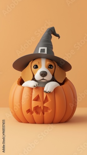 A cute beagle dog wearing a witch hat sits in a jack-o'-lantern. photo