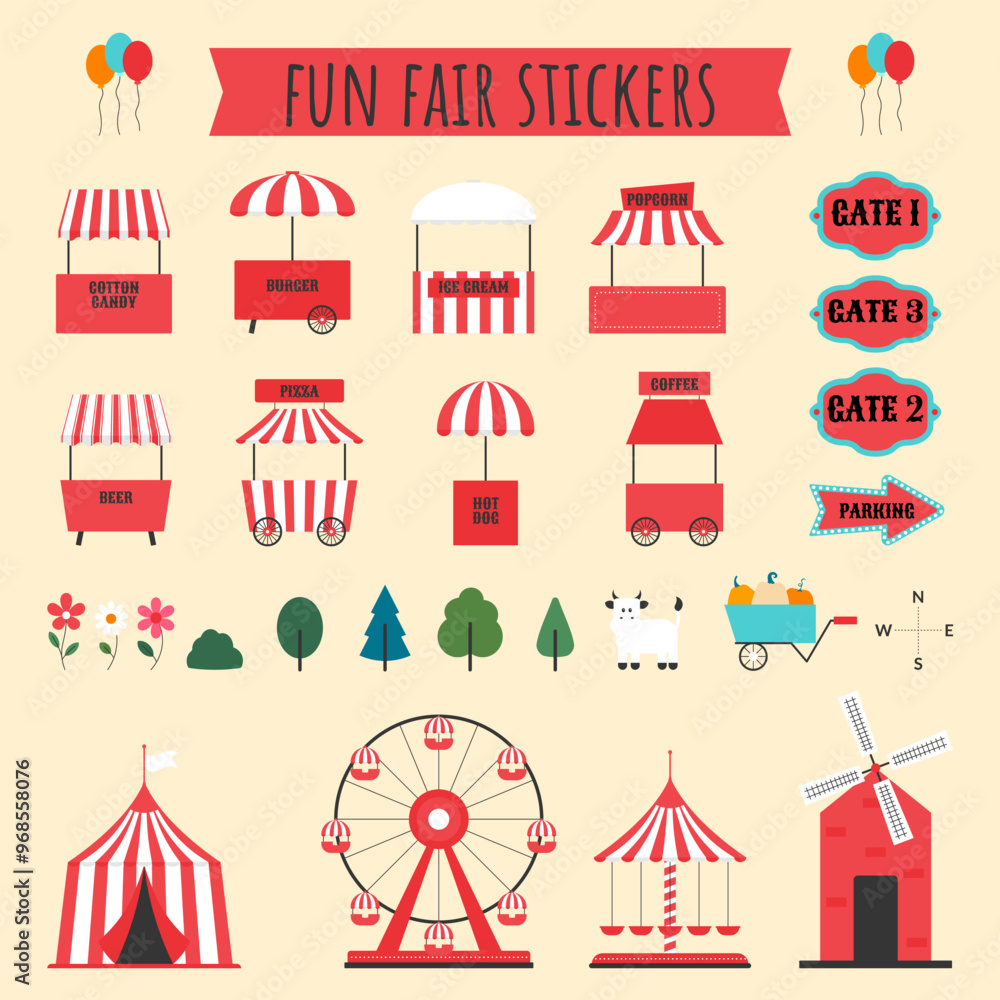 Fun fair, amusement park and carnival stickers. Ferris wheel, circus tent, carousel, street food stalls and other elements. Flat vector illustration Fun fair, amusement park and carnival stickers. Ferris wheel, circus tent, carousel, street food stalls and other elements. Flat vector illustration