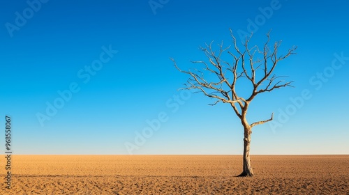 A lone, bare tree stands tall against a bright blue sky in a vast, dry field.