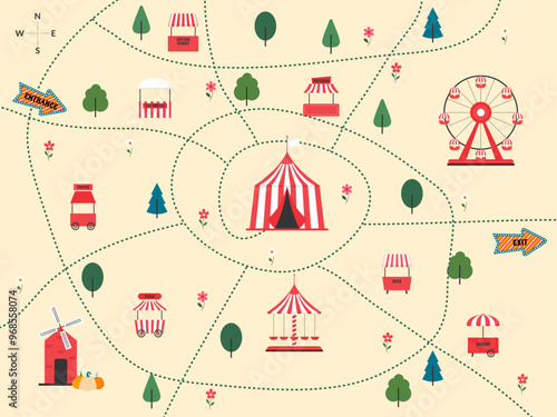 Fun fair and amusement park map creator. Carnival and festival elements. Plan with ferris wheel, tent, carousel, street food stalls and other objects. Flat vector illustration