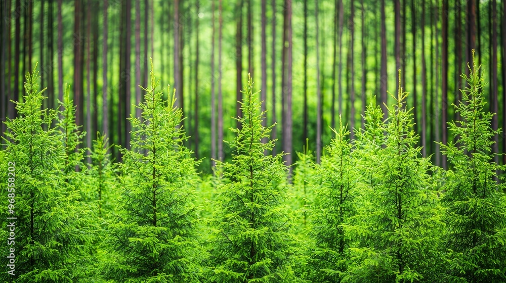 A lush green forest with tall trees and a dense undergrowth of smaller pines. A lush green forest with tall trees and a dense undergrowth of smaller pines.