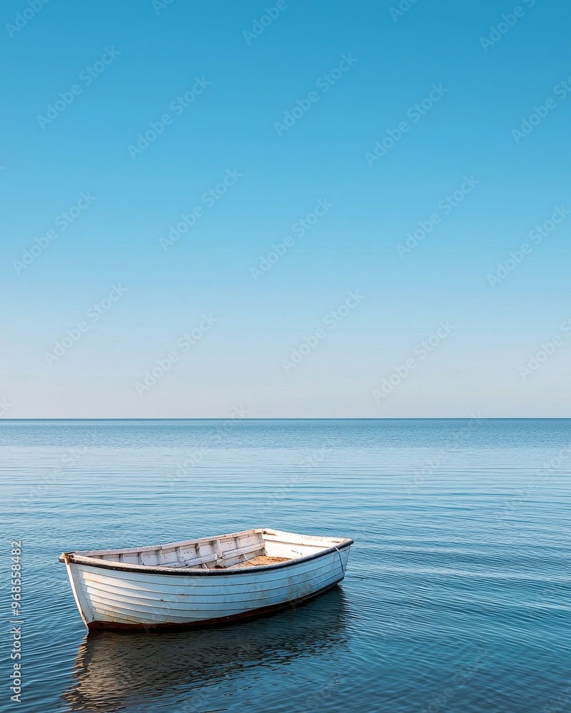 A small white boat floats serenely on a calm blue sea, under a clear sky. A small white boat floats serenely on a calm blue sea, under a clear sky.