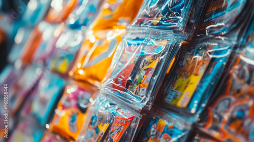 A vibrant collection of collectible trading cards displayed in protective packaging at a local market on a sunny afternoon