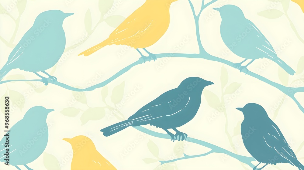 Obraz premium Colorful Birds On Branch Pattern Seamless Background Illustration