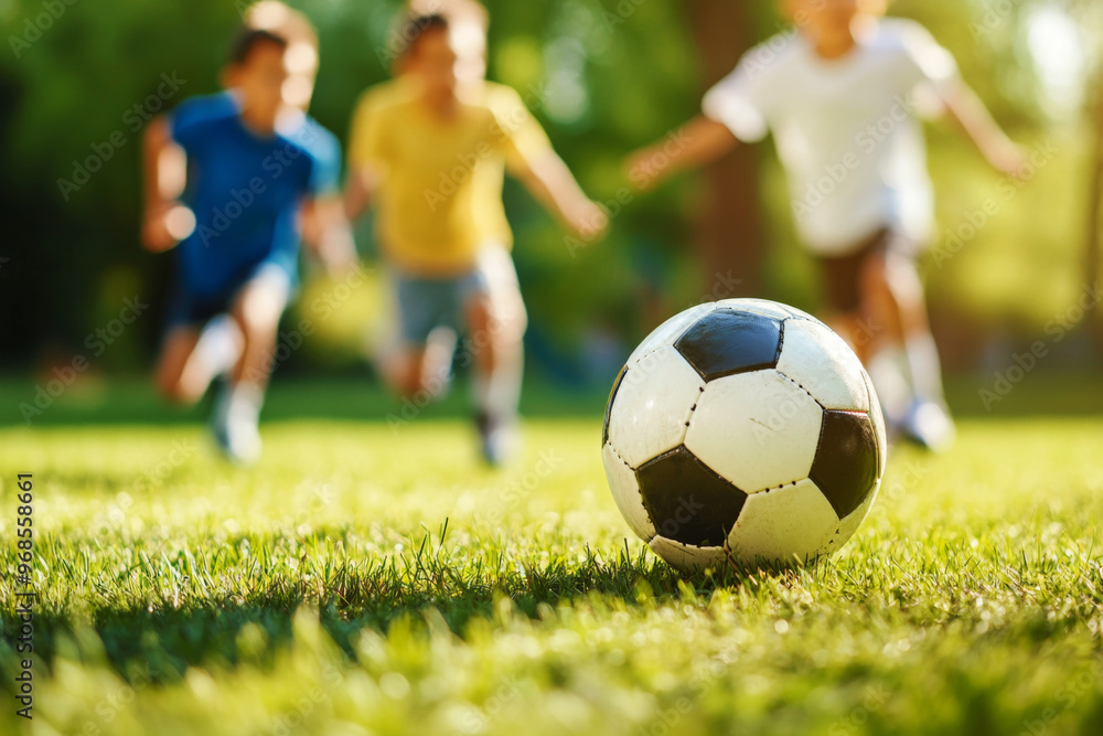 Boys playing soccer outdoors, running towards soccer ball on grassy field. Football training for children. Concept of sports and teamwork. Boys playing soccer outdoors, running towards soccer ball on grassy field. Football training for children. Concept of sports and teamwork.