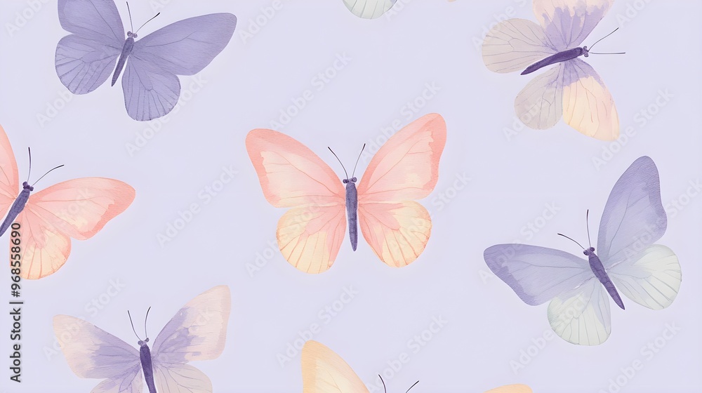 Obraz premium Watercolor Butterfly Seamless Pattern Pink and Purple Butterflies on Lilac Background