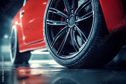 Wallpaper Mural Car tire on wheel, close up. Bottom view of sport car on dark background Torontodigital.ca