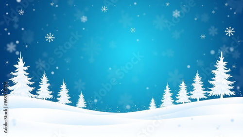 Snowy Winter Forest with Frosty Trees on Blue Background