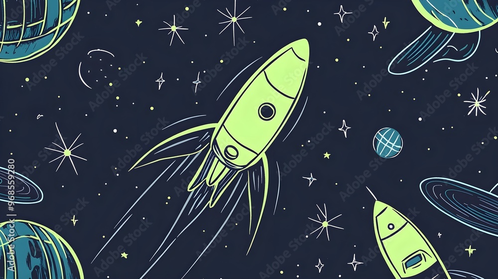 Rocket Ship Flying Through Space with Planets and Stars Rocket Ship Flying Through Space with Planets and Stars
