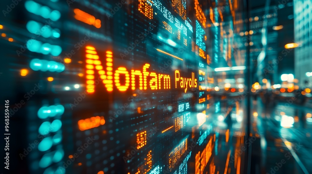 Nonfarm payroll Financial data display, illuminated figures showcasing Nonfarm Payrolls statistics in a vibrant urban setting, highlighting economic trends and market reactions. Nonfarm payroll Financial data display, illuminated figures showcasing Nonfarm Payrolls statistics in a vibrant urban setting, highlighting economic trends and market reactions.