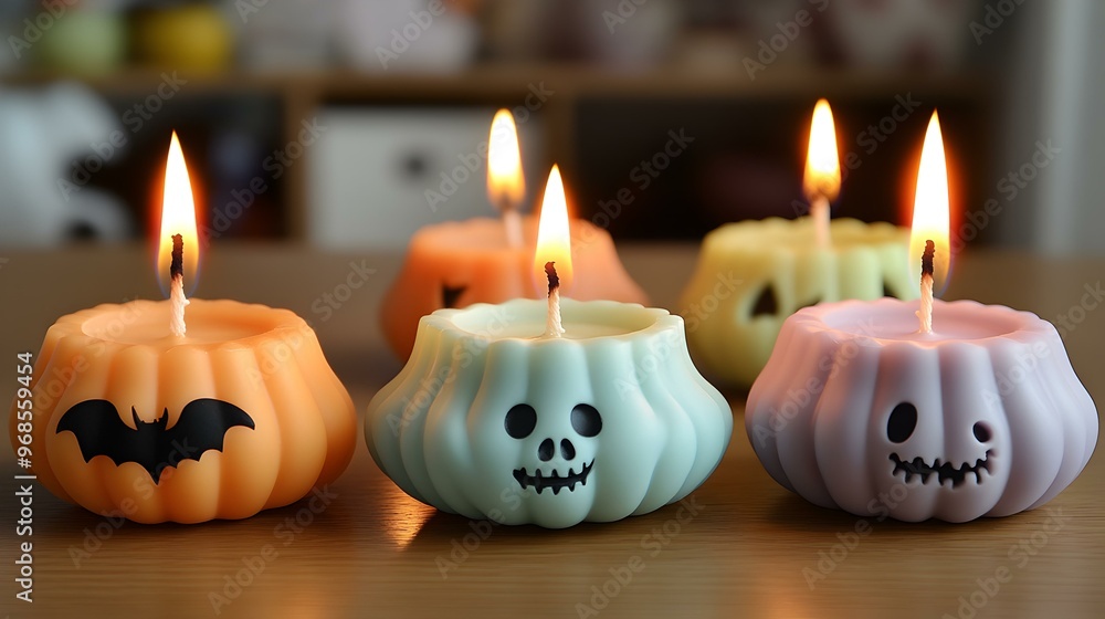 Halloween-themed decorative candles, featuring playful pumpkin shapes adorned with spooky designs, flickering flames casting a warm, festive glow. Halloween-themed decorative candles, featuring playful pumpkin shapes adorned with spooky designs, flickering flames casting a warm, festive glow.