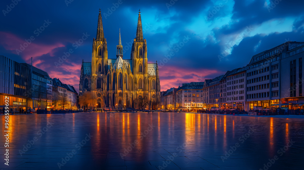 Fototapeta premium exterior of a beautiful european cathedral with a clock on it during the evening
