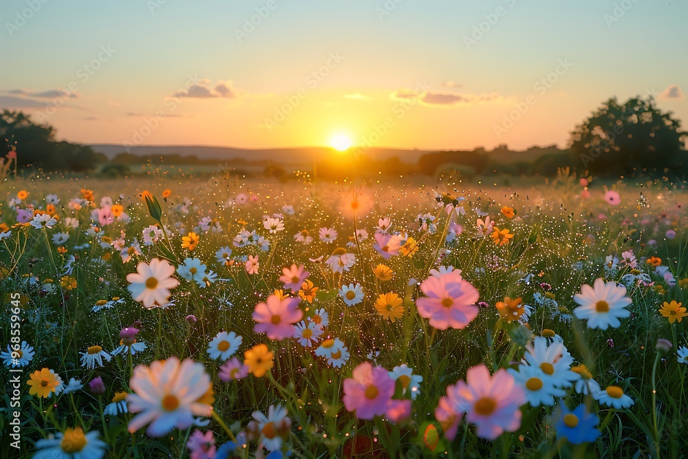 A vibrant field of wildflowers at sunset. A vibrant field of wildflowers at sunset.