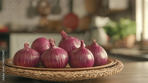 red onions on a rattan plate with kitchen background