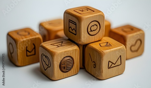 Wooden blocks with engraved symbols representing communication, social media, and analytics, illustrating modern connectivity and digital interaction concepts.