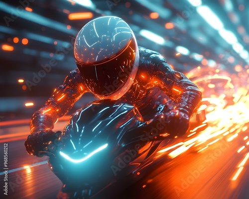 Futuristic Racing Character, a dynamic 3D figure equipped with a sleek helmet, exuding speed and innovation in a vibrant, high-tech environment.