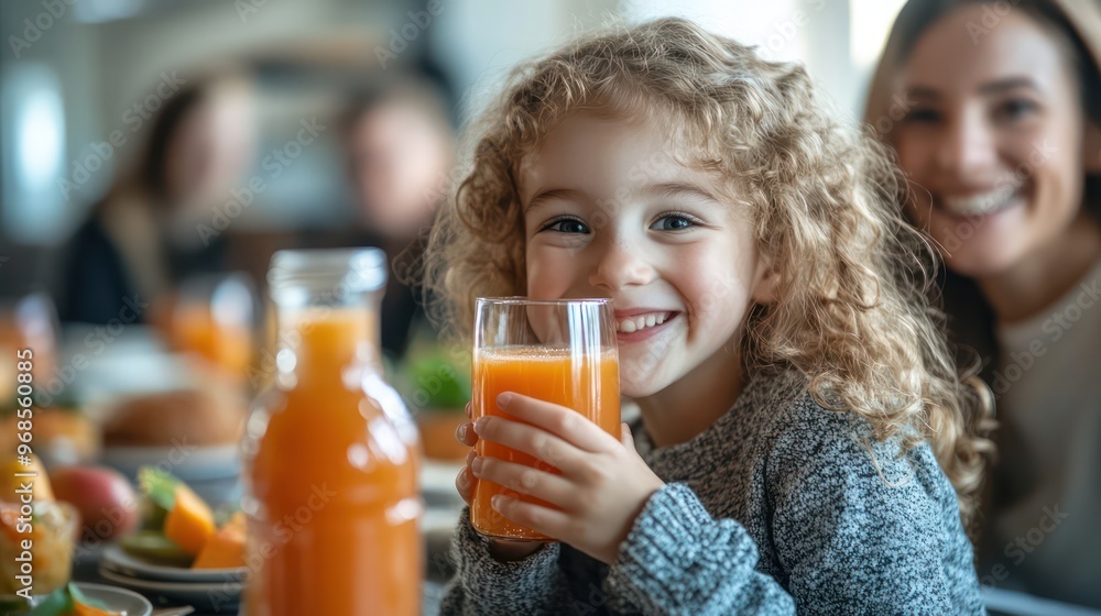 A child happily drinking fruit juice from a glass at a family gathering, the bottle in clear view on the table, everyone smiling and enjoying A child happily drinking fruit juice from a glass at a family gathering, the bottle in clear view on the table, everyone smiling and enjoying