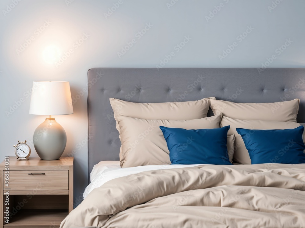 Obraz premium Front view of cozy bed with beige duvet, blue pillows and lamp, night stand on each side with copy space