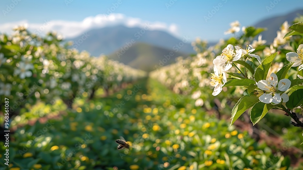 Blooming orchard with mountains in the background. Blooming orchard with mountains in the background.