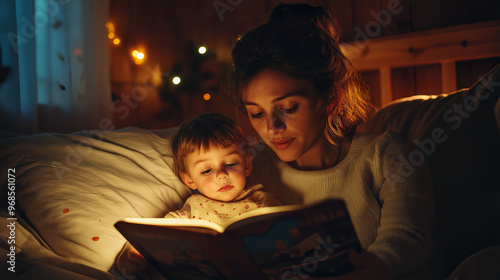 a mother reads a bedtime story to her child in a dark, warm bedroom