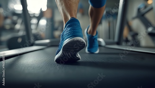 Closeup of a man's foot running on a treadmill in a gym.