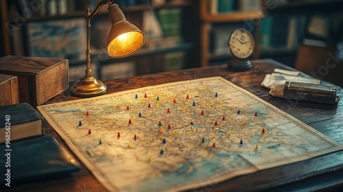 A large wall map with colored pins marking important locations, dimly illuminated by a desk lamp, creates a tense and focused atmosphere, perfect for creating investigative or case-solving visuals. photo