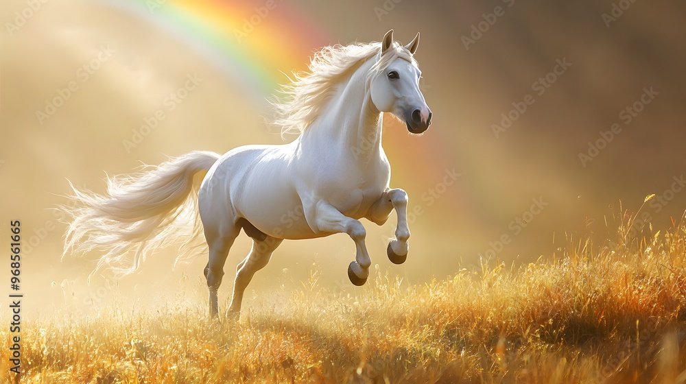A magical unicorn galloping through a meadow under a rainbow A magical unicorn galloping through a meadow under a rainbow