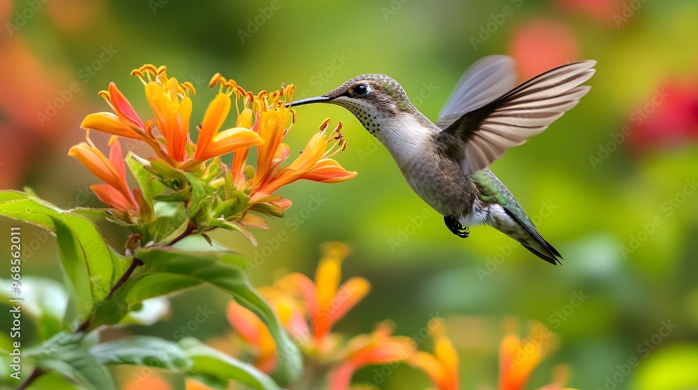 Fototapeta premium A tiny hummingbird sipping nectar from a vibrant flower in mid-flight