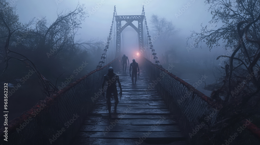 Fototapeta premium A bridge with three people walking across it