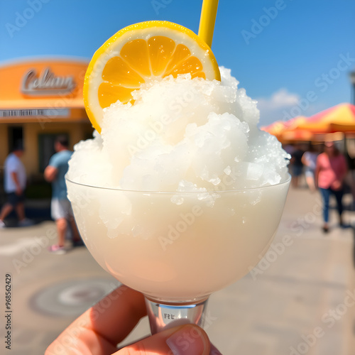 Un delicioso trago con montones de hielo raspado y rebanadas de lima fresca photo