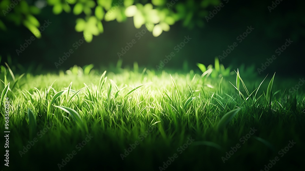 Close-Up of Lush Green Grass with Sunlight Filtering Through Leaves Close-Up of Lush Green Grass with Sunlight Filtering Through Leaves