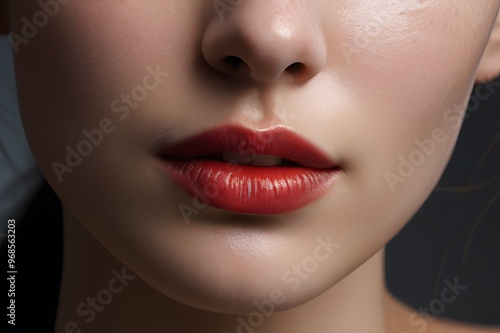 The macro photo of the closed female mouth. Chubby lips with red lipstick show a fashionable make-up and increase in lips. Cosmetology, Spa, cosmetics 