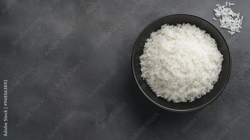 A black bowl filled with white rice on a grey background, shot from above, representing simplicity and traditional food concepts. A black bowl filled with white rice on a grey background, shot from above, representing simplicity and traditional food concepts.