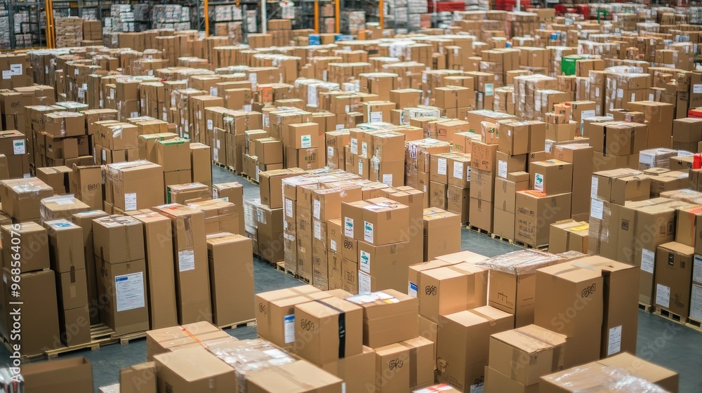 A busy warehouse with neatly stacked cardboard boxes ready for shipment, representing efficient distribution and supply chain operations A busy warehouse with neatly stacked cardboard boxes ready for shipment, representing efficient distribution and supply chain operations