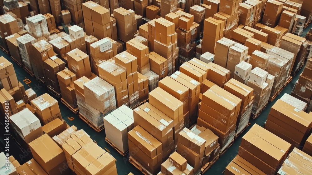 A busy warehouse with neatly stacked cardboard boxes ready for shipment, representing efficient distribution and supply chain operations A busy warehouse with neatly stacked cardboard boxes ready for shipment, representing efficient distribution and supply chain operations