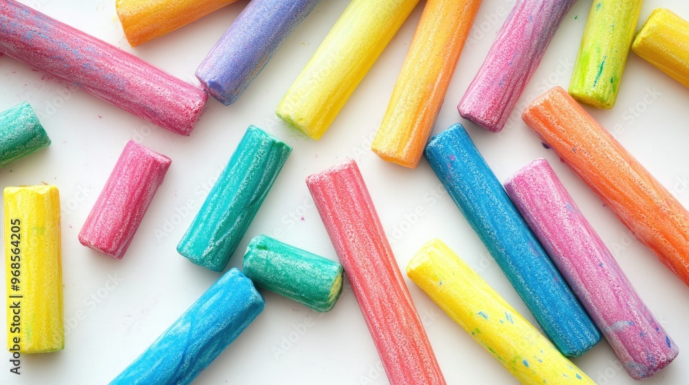 A collection of vibrant, colorful chalk sticks scattered on a white background, ready for artistic creativity and fun A collection of vibrant, colorful chalk sticks scattered on a white background, ready for artistic creativity and fun