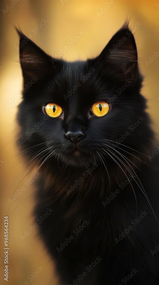 Black cat with bright yellow eyes, close-up. Mysterious and elegant feline concept Black cat with bright yellow eyes, close-up. Mysterious and elegant feline concept